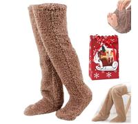 NNBWLMAEE Goose Down Knee Socks for Christmas, Socks Long Fuzzy Thigh High Warm, Thickened Goose Down Leg Warming Knee socks, Plush Warmth Long socks, for the Winter, Adult Men and Women (brown)