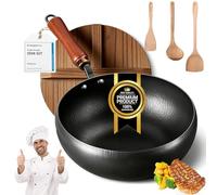 NNBWLMAEE Japanese Cast Iron Wok Pan - Uncoated Healthy Cooking Pot with Lid, 24/26/28cm Cast Iron Pot, Frying Pan Set with Lid Non Stick,Family-Sized&Work on All Stovetop (Wooden Lid,24cm)