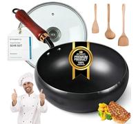 NNBWLMAEE Japanese Cast Iron Wok Pan - Uncoated Healthy Cooking Pot with Lid, 24/26/28cm Cast Iron Pot, Frying Pan Set with Lid Non Stick,Family-Sized&Work on All Stovetop (Glass Lid,28cm)