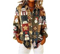 NNBWLMAEE Ladies Christmas Plaid Blouse Long Sleeve V-Neck Button Down Shirt Dressy Snowflake Print Winter Casual Holiday Tops Khaki