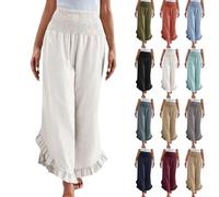 NNBWLMAEE Linen Pants for Women Summer Palazzo Pants Smocked Waist Ruffle Hem Wide Leg Pant Boho Flowy Beach Pant with Pocket (White,M)