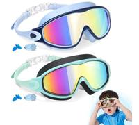 NNBWLMAEE My Cool Summer Goggles, No Leaking Swim Glasses for Men Women Youth, HD Large Frame Waterproof Anti-Fog Swimming Goggles with Ear Plugs Attached (Children's blue + green)