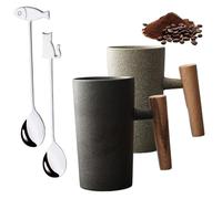 NNBWLMAEE Retro Stoneware with Wooden Handle, Ceramic Retro Stoneware Wooden Handle, Nordic Earth Mugs, for Travel, Breakfast, Coffee Brewing (2PCS-1)
