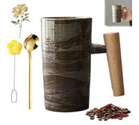 NNBWLMAEE Retro Stoneware with Wooden Handle, Handmade Ceramic Retro Stoneware Wooden Handle, Nordic Earth Mugs, 220ml Ceramic Mug, for Travel, Breakfast, Coffee Brewing (A)