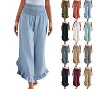 NNBWLMAEE Women's Linen Pants Summer Wide Leg Pants Smocked Waist Ruffle Hem Palazzo Pant Boho Flowy Beach Pant with Pocket (Blue,XL)