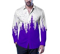 NNGOTD Christmas Shirts for Men UK Santa Claus Print Casual Xmas Long Sleeve Button Down Shirts Holiday Festive Shirt Vacation Party Top Snowman Costume Adult (Purple,S)