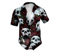 NNGOTD Halloween Shirt Men Skeleton Short Sleeve Casual Button Down Hawaiian Shirt Flower Printed Holiday Beach Tops Regular Fit Problem Solved Tshirt Zombie Halloween Costume (XL) Wine