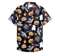 NNGOTD Halloween Shirts for Men UK Ugly Pumpkin Bat Printed Casual Short Sleeve Funny Button Down Hawaiian Shirts Adult Costume Cool Graphic Tees Adult Zombie Costume Men (Orange, L)