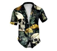 NNGOTD Halloween Shirts for Men UK Ugly Skull Floral Print Short Sleeve Button Down Casual Jack-O-Lantern Hawaiian Bowling Shirt Theme Party Clothes Horror Gifts Tshirts Halloween Costumes Mens