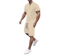 NNGOTD Men's Two Piece Outfit Linen Shirts Short Sleeve Button Up Shirts Beach Hawaiian 2 Piece Short Set Mardi Gras Outfit for Men Big and Tall Mens Sweatsuits Sets Red and Black（Beige, XXXL