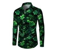 NNGOTD St Patrick's Day Shirt Men Cute Gnomes Shamrock Long Sleeve Dress Stretch Button Down Shirts Formal Casual Business Wedding Party Shirt Irish Tops Graphic St Pats Tshirts Blouse (A1 BK2,L)