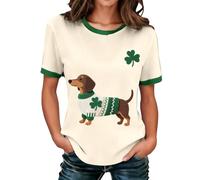 NNGOTD St Patrick's Day V Neck Shirts for Womens Irish Shamrock Graphic Tee Funny Lucky Heart Printed Short Sleeve Shirts Tops Green Irish Clothing for Festive Party Casual Wear Holiday (A1 Beige,M)