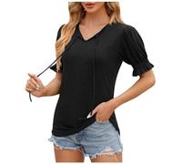 NNGOTD Women Vest Tops Womens Summer Shirt V Neck Casual Tshirts Puff Sleeve Tops for Women Short Sleeve Solid Color Batwing Tops for Women UK Plus Size Top (Black, M)