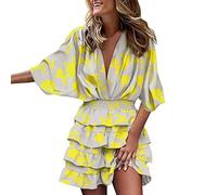 NNGOTD Women's Double V-Neck Short Flutter Sleeves Empire Waist Elegant Chiffon Long Evening Dresses Maternity Nightdress Sun Dresses for Older Women Black Skirt Suit NWT (Yellow, XL)