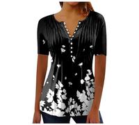 NNGOTD Women's Elegant Blouse Textured Semi-Sheer Sleeves Office Work Shirt Classic Henry V Neck Tops Tshirts 2026 Spring Going Out Tops Summer Outfits (A1 Black,M)