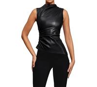 NNGOTD Women's Solid Color Leather Collarless Asymmetrical Hem Slim Fit Sleeveless Vest Top Business Tunic Blouse Tshirt Dressy Work Tops Shirts