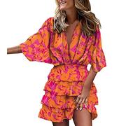 NNGOTD Women's Summer Cold Shoulder Short Sleeve Maxi Dress Floral Print Elegant Long Dress with Pockets Satin Nightdress fit and Flare Dresses for Women UK Blue Pleated midi Skirt (Orange, S)