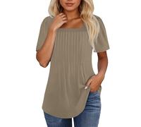 NNGOTD Women's Tops Summer Blouses for Gift V Neck Petal Short Sleeve T-Shirts Dressy Casual Chiffon Tunic for Leggings Thin Hooded Sweatshirts Jumpers Pullover(Khaki,L)