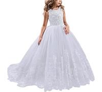 NNJXD Girls Lace Tulle Embroidered Princess Prom Ball Gown Formal Party Long Tail Dresses 406 White Size(140) 8-9 Years