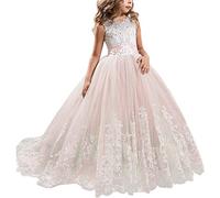 NNJXD Girls Lace Tulle Embroidered Princess Prom Ball Gown Formal Party Long Tail Dresses Size (140) 8-9 Years 406 Pink-A
