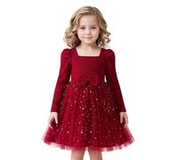 NNJXD Little Girl Tulle Dress Princess Holiday Party Star Sequin Long Sleeves Winter Autumn Clothes 2170 Red Size(4Y) 3-4 Years