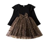 NNJXD Princess Girl Long Sleeve Casual Dress Leopard Print Toddler Tulle Autumn Winter Knit Clothing 2112 Black Size(7Y) 6-7 Years