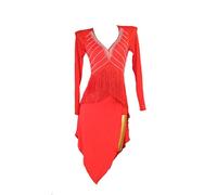 Nnnydjy Women's Flapper Tassel Latin Dance Dresses Long Sleeve Standard Ballroom Dancewear V Neck Salsa Cha Cha Costumes,Red,XL