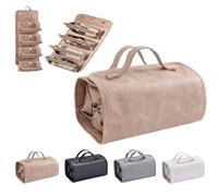 nnOuOnn Flat Lay Travel Makeup Bag, Leather Clear with Compartments, 4 in 1 Waterproof, Detachable Foldable Hanging, Portable Storage Organise, Khaki