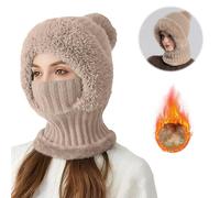 nnOuOnn Women Knit Balaclava, Winter Hats 3 in 1 Cold Resistant Hat, Flexible Beanie Hats with Hairball Soft Thick Fleece Lined Face Mask for Outdoor Skiing Accessories Sports Winter Gift (Khaki)