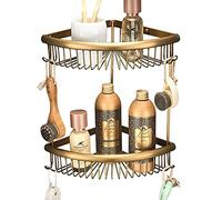 2 Tier Shower Baskets Rust Free Bathroom Caddy Corner Shelves Brass Shower Rack with Hook Holder Bath Tidy Storage Organiser Accessories Wall Mounted Screw in, Antique Bronze