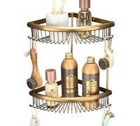 NNOVAT 2 Tier Shower Baskets Rust Free Bathroom Caddy Corner Shelves Brass Shower Rack with Hook Holder Bath Tidy Storage Organiser Accessories Wall Mounted Screw in, Antique Bronze