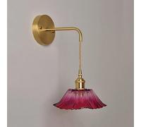 NNOVAT Wall Light Pink Glass Flower Shade Gold Farmhouse Wall Mount Light Vintage Brass Wall Sconce Purple Clear Glass Nordic Modern Hanging Wall Lamp for Living Room Girls Bedroom Bedsid