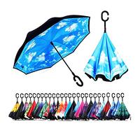 NNY Inc Double Layer Inverted Umbrella Cars Reverse Open Folding Umbrellas, Windproof UV Protection Large Self Stand Upside Down Straight Umbrella for Golf Women and Men with C-Shaped (Sky)