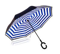 NNY Inc Double Layer Inverted Umbrella Cars Reverse Open Folding Umbrellas, Windproof UV Protection Large Self Stand Upside Down Straight Umbrella for Golf Women and Men with C-Shaped (Navy stripes)