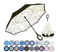 NNY Inc Double Layer Inverted Umbrella Cars Reverse Open Folding Umbrellas, Windproof UV Protection Large Self Stand Upside Down Straight Umbrella for Golf Women and Men with C-Shaped (Begonia)