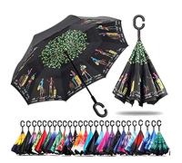 NNY Inc Double Layer Inverted Umbrella Cars Reverse Open Folding Umbrellas, Windproof UV Protection Large Self Stand Upside Down Straight Umbrella for Golf Women and Men with C-Shaped (Travel)