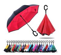NNY Inc Double Layer Inverted Umbrella Cars Reverse Open Folding Umbrellas, Windproof UV Protection Large Self Stand Upside Down Straight Umbrella for Golf Women and Men with C-Shaped (Red)