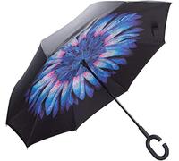 NNY Inc Double Layer Inverted Umbrella Cars Reverse Open Folding Umbrellas, Windproof UV Protection Large Self Stand Upside Down Straight Umbrella for Golf Women and Men with C-Shaped (Blue Daisy)