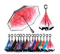 NNY Inc Double Layer Inverted Umbrella Cars Reverse Open Folding Umbrellas, Windproof UV Protection Large Self Stand Upside Down Straight Umbrella for Golf Women and Men with C-Shaped (Pink Peony)