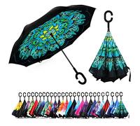 NNY Inc Double Layer Inverted Umbrella Cars Reverse Open Folding Umbrellas, Windproof UV Protection Large Self Stand Upside Down Straight Umbrella for Golf Women and Men with C-Shaped (Peacock)