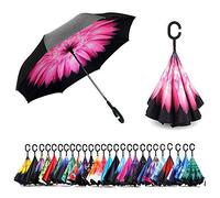 NNY Inc Double Layer Inverted Umbrella Cars Reverse Open Folding Umbrellas, Windproof UV Protection Large Self Stand Upside Down Straight Umbrella for Golf Women and Men with C-Shaped (Pink flowers)