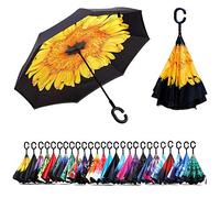 NNY Inc Double Layer Inverted Umbrella Cars Reverse Open Folding Umbrellas, Windproof UV Protection Large Self Stand Upside Down Straight Umbrella for Golf Women and Men with C-Shaped (Sunflower)