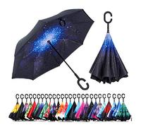 NNY Inc Double Layer Inverted Umbrella Cars Reverse Open Folding Umbrellas, Windproof UV Protection Large Self Stand Upside Down Straight Umbrella for Golf Women and Men with C-Shaped (Galaxy)