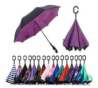 NNY Inc Double Layer Inverted Umbrella Cars Reverse Open Folding Umbrellas, Windproof UV Protection Large Self Stand Upside Down Straight Umbrella for Golf Women and Men with C-Shaped (Purple)