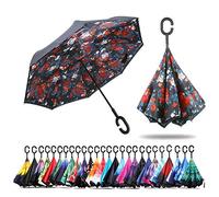 NNY Inc Double Layer Inverted Umbrella Cars Reverse Open Folding Umbrellas, Windproof UV Protection Large Self Stand Upside Down Straight Umbrella for Golf Women and Men with C-Shaped (Bella)