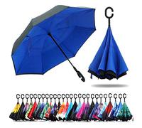 NNY Inc Double Layer Inverted Umbrella Cars Reverse Open Folding Umbrellas, Windproof UV Protection Large Self Stand Upside Down Straight Umbrella for Golf Women and Men with C-Shaped (Blue)