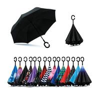 NNY Inc Double Layer Inverted Umbrella Cars Reverse Open Folding Umbrellas, Windproof UV Protection Large Self Stand Upside Down Straight Umbrella for Golf Women and Men with C-Shaped (Black)