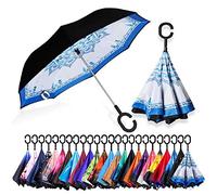 NNY Inc Double Layer Inverted Umbrella Cars Reverse Open Folding Umbrellas, Windproof UV Protection Upside Down Straight Umbrella for Golf Women and Men with C-Shaped (Blue and White Porcelain)