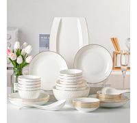 NNYCC Dinner Set Porcelain Plate and Bowl Hand Painted Gold Rimmed Unbreakable Evenly Glazed Smooth Scratch Resistant Highend Luxurious Dishwasher and Microwave Safe 28 Piece Set