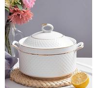 NNYCC White Soup Tureen with Gold Design,Double Handle Soup Serving Bowl with Lid and Spoon Bone China Tableware,3.2L
